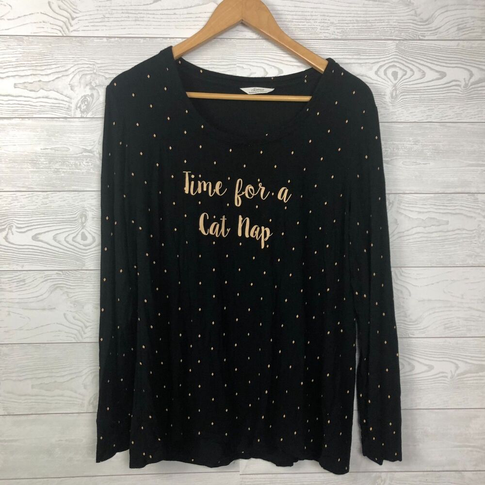 Soma for Chico's Women's Large TIME FOR A CAT NAP Long Sleeve Shirt Black